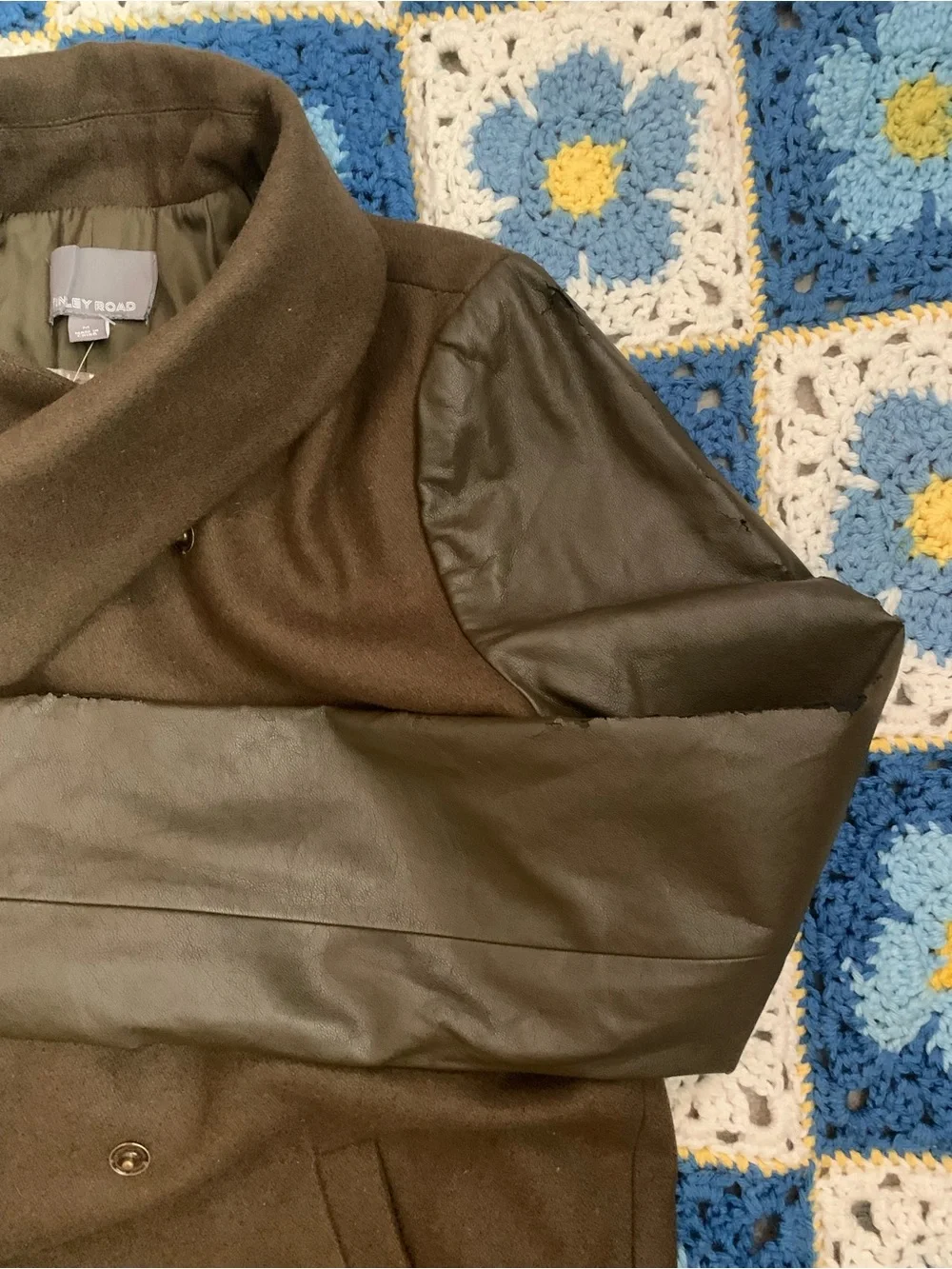 Tinley Road Olive Green Wool Blend Coat with Vegan Leather Sleeves